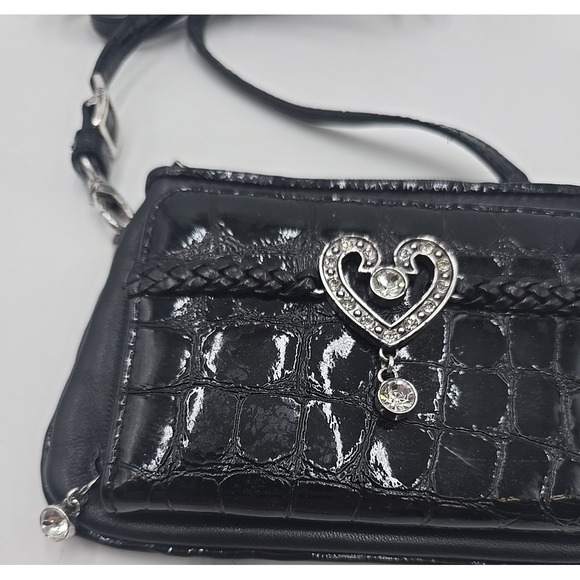 BRIGHTON Small Black Patent Leather SILVER ADORNED Shoulder Bag Cross Body - Picture 2 of 10